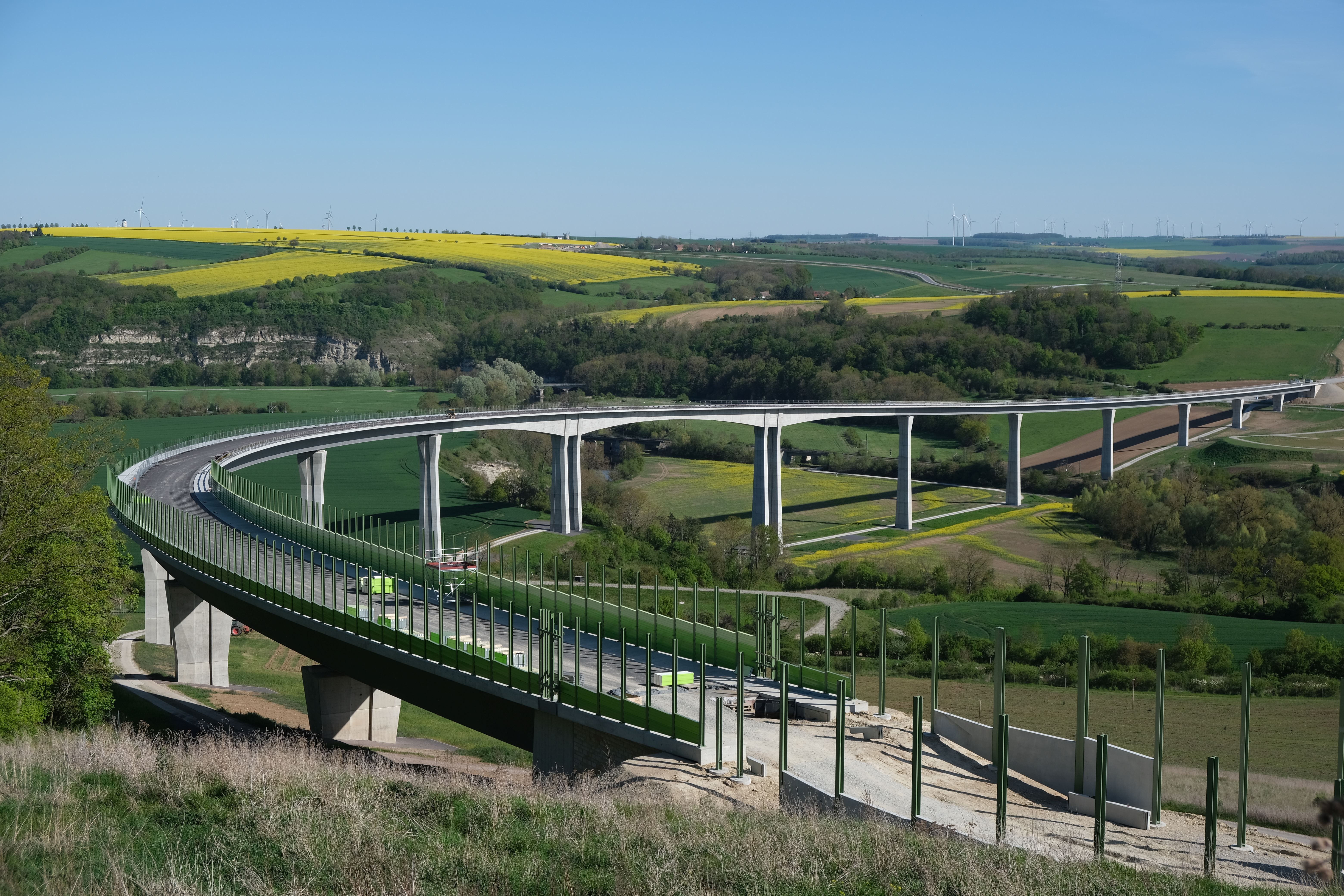 Nearly completed Saale Valley bridge near Bad Kösen in the green, hilly landscape of the Saale Valley